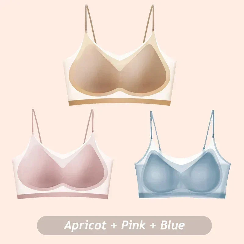 3PCS Ultra-Thin Breathable Ice Silk Top Bras Women's Bustier Underwear Seamless Back Halter Vest Wrap Wireless Bras Solid Color