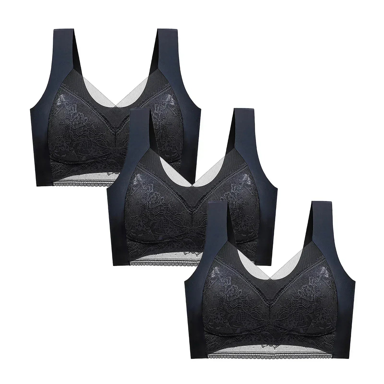 FallSweet 3-Pack Lace Push-Up Wireless Bras – Deep V Ice Silk