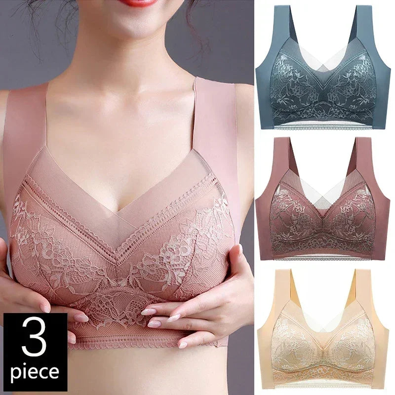 FallSweet 3-Pack Lace Push-Up Wireless Bras – Deep V Ice Silk