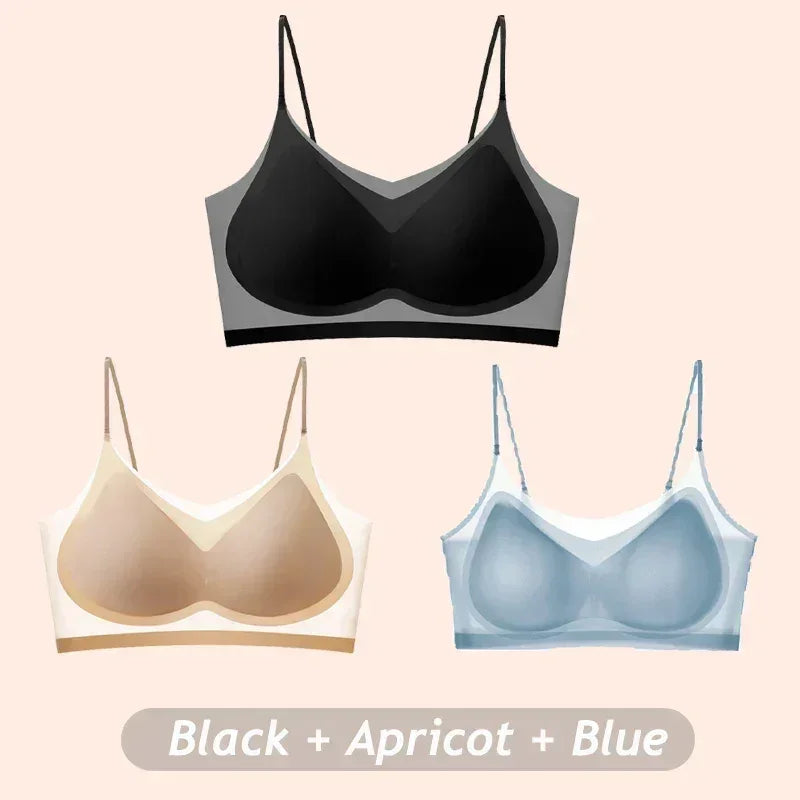 3PCS Ultra-Thin Breathable Ice Silk Top Bras Women's Bustier Underwear Seamless Back Halter Vest Wrap Wireless Bras Solid Color