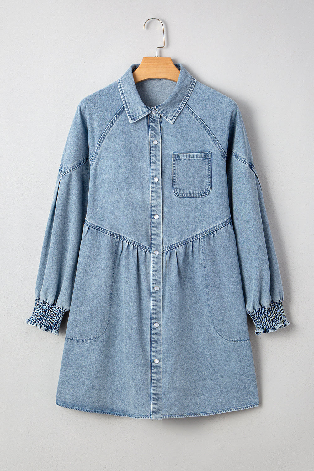 Molly Smocked Cuffs Flared Denim Shirt Mini Dress