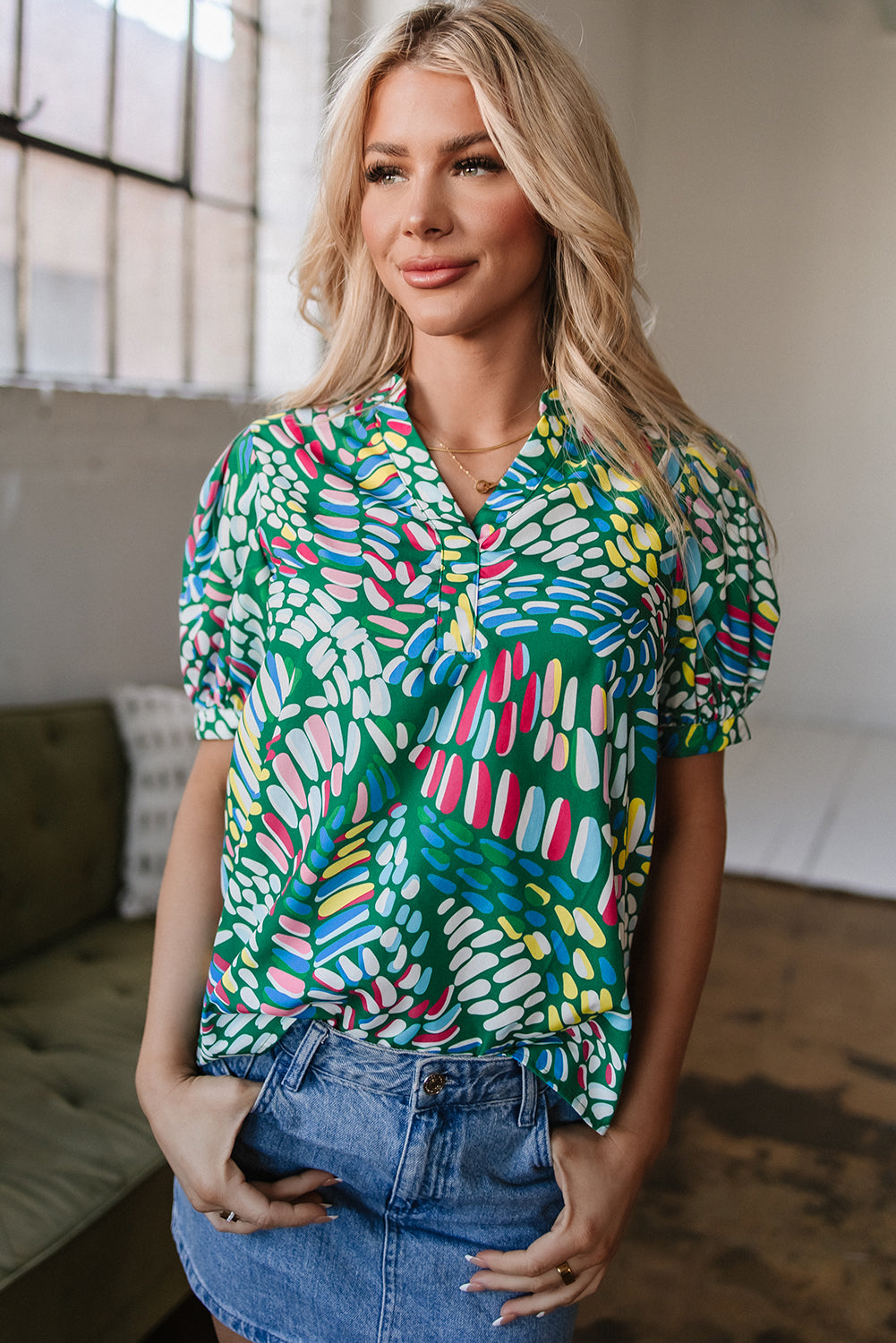Ellianna Geometric Puff Sleeve Blouse