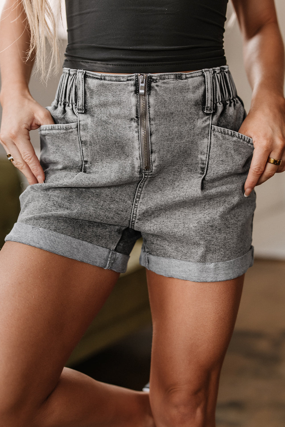 Blaire Zipped Light Wash Cuffed Edge Denim Shorts