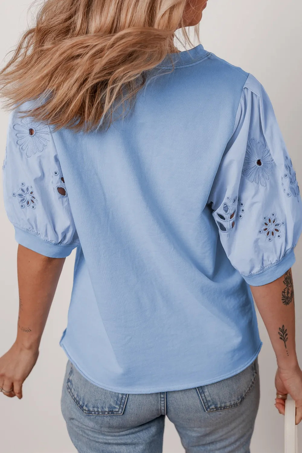 Eyelet Flower Embroidered Puff Short Sleeve Patchwork Crew Neck Blouse