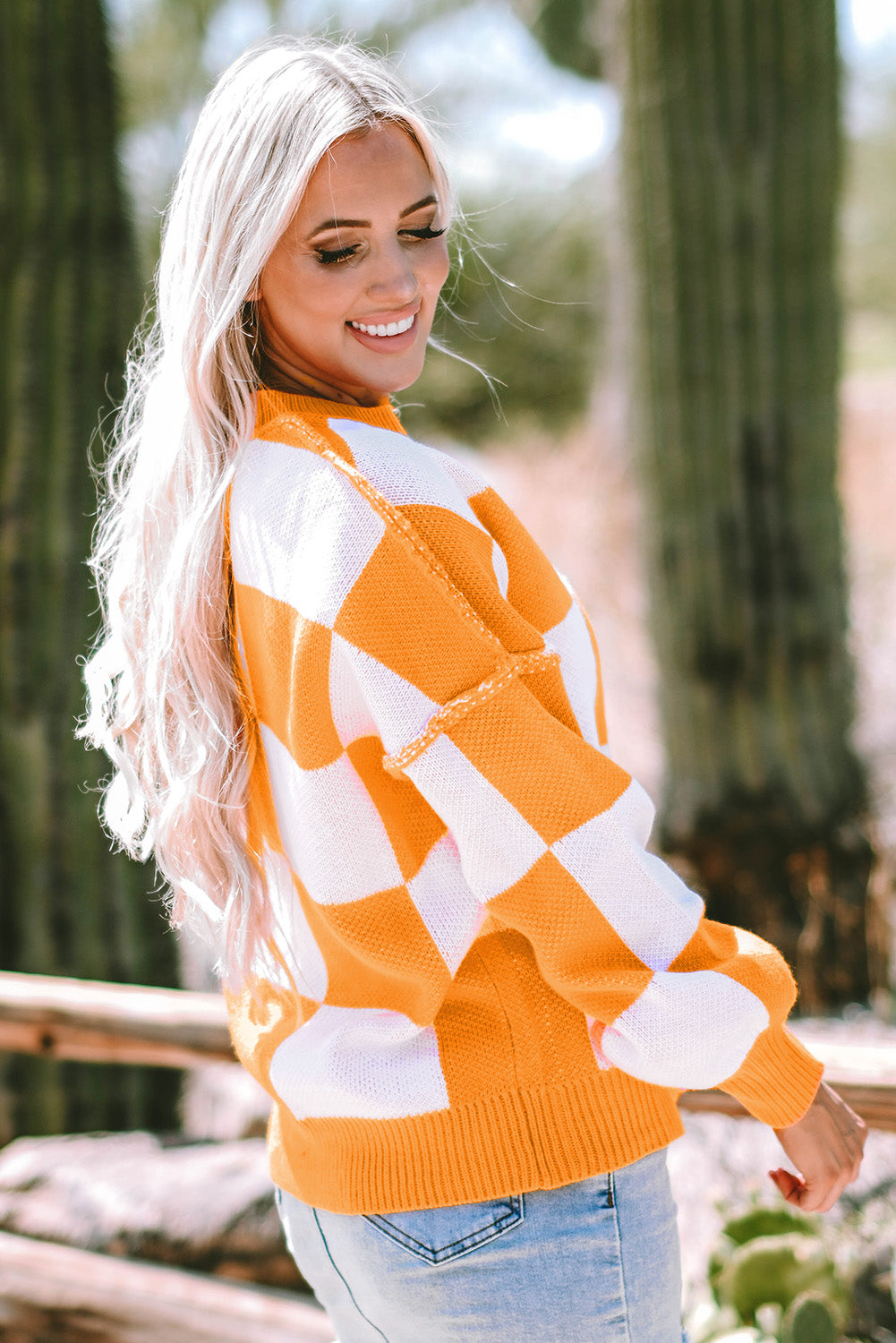 Ashley Checkered Bishop Sleeve Sweater