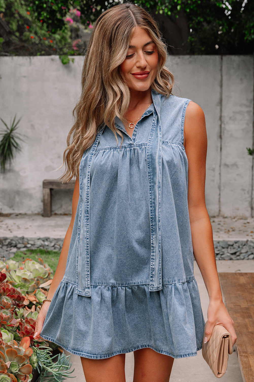 Clare Sleeveless Ruffled Chambray Dress