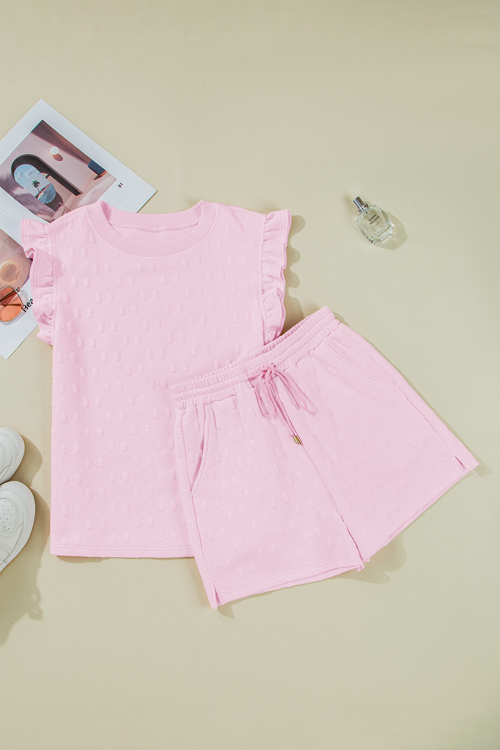 Ocean Bow Jacquard Ruffle Sleeve Short 2pcs Outfit