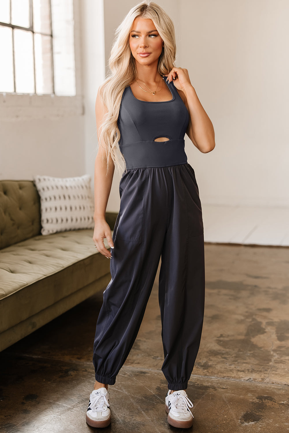 Avianna Back Crossed Straps Hollow Out Jogger Jumpsuit