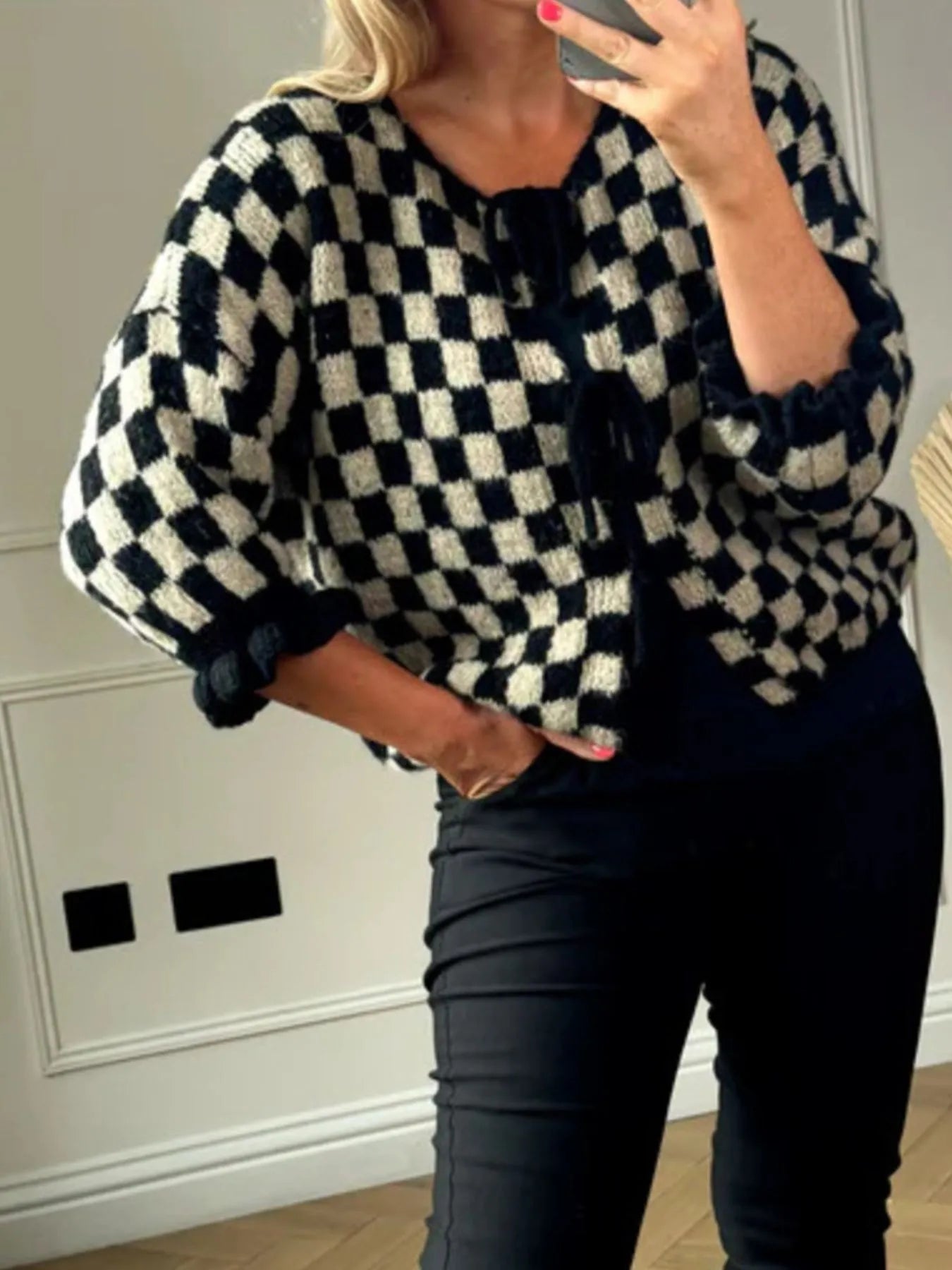 Checkered Tie-Front Knit Cardigan
