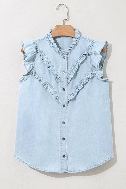 Mazie Mineral Wash Cap Sleeve Frilled Button Up Denim Shirt