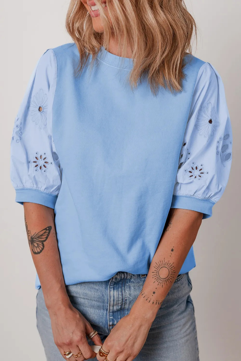 Eyelet Flower Embroidered Puff Short Sleeve Patchwork Crew Neck Blouse