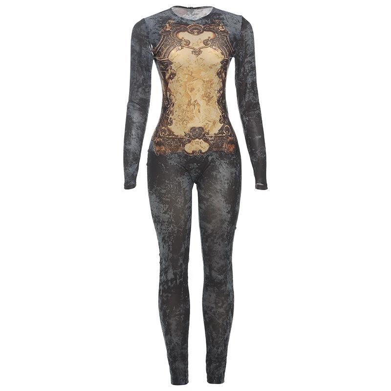 Women's Printed Sexy Mesh High Waist Zipper Jumpsuit