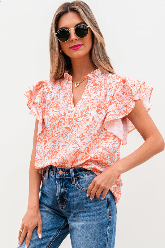 Nancy Floral Ruffle Sleeve Split Neck Blouse