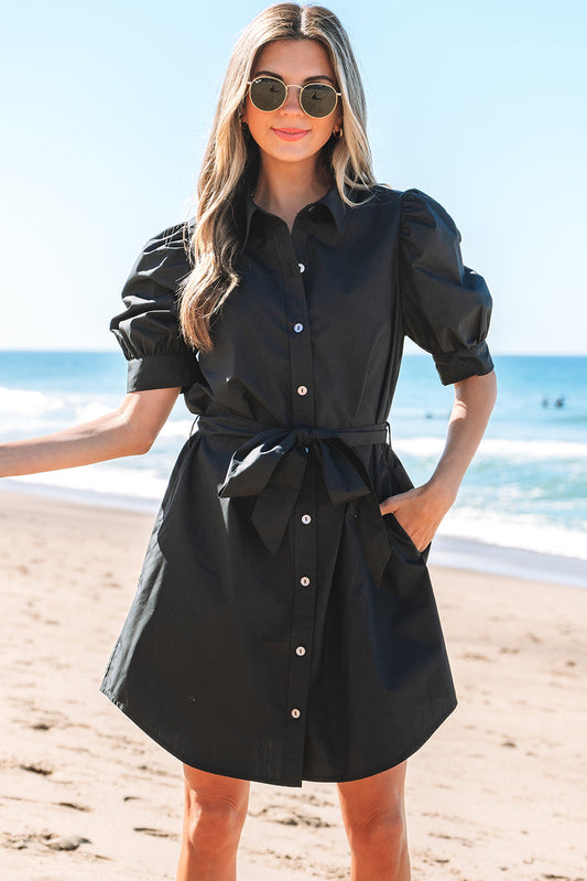 Malaya Button Up Tie Waist Puff Sleeve Mini Dress