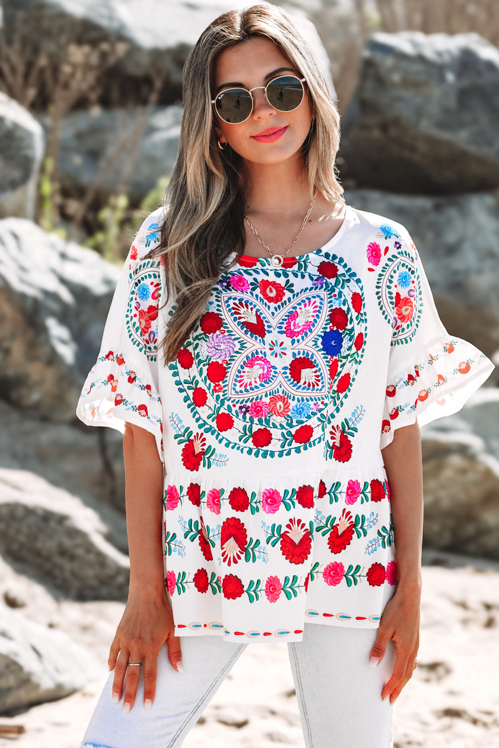 Selene Boho Floral Ruffle Trim Blouse