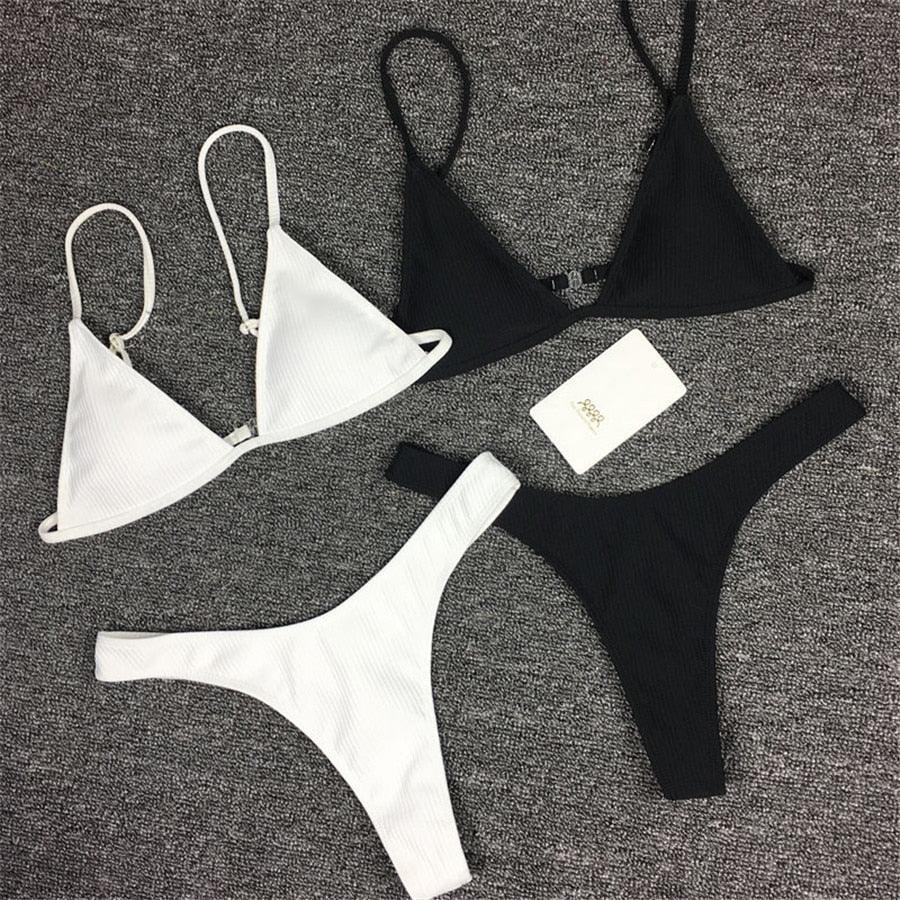 High Cut Micro String Bikini – Black & White Swimsuit