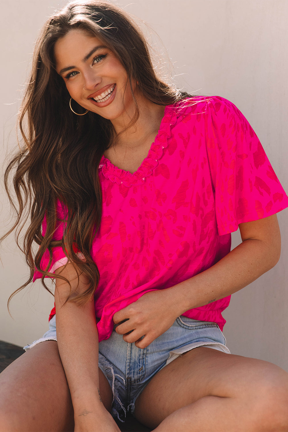 Laurel Leopard Frilly V Neck Short Sleeve Blouse