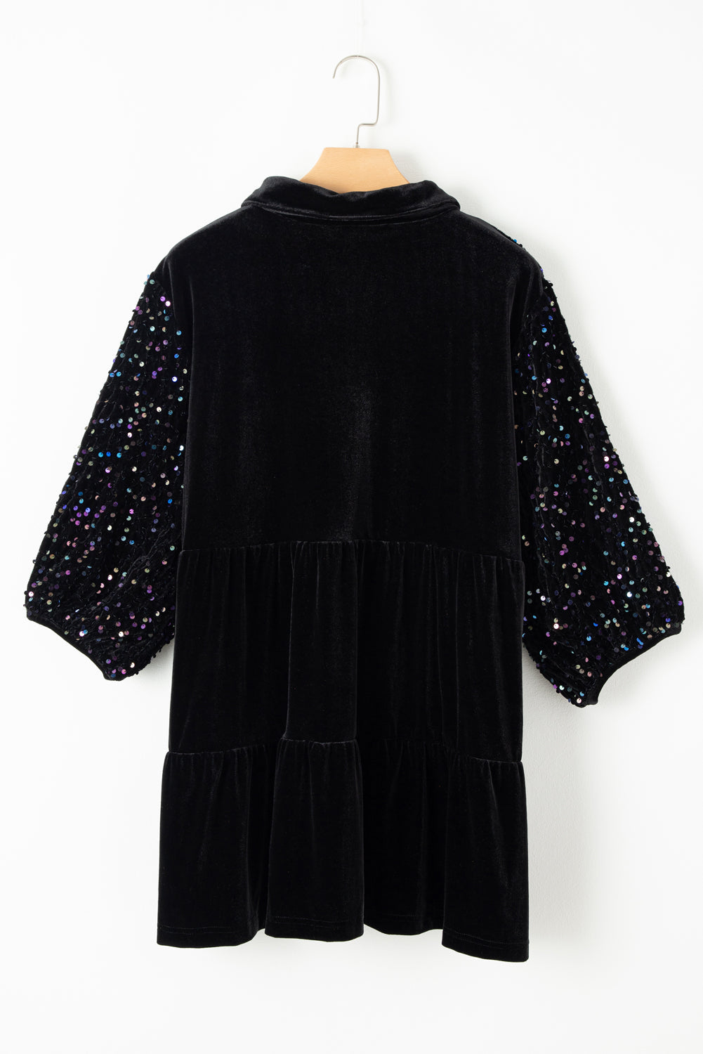 Black Sequin Puff Sleeve Buttoned Velvet Peplum Shirt