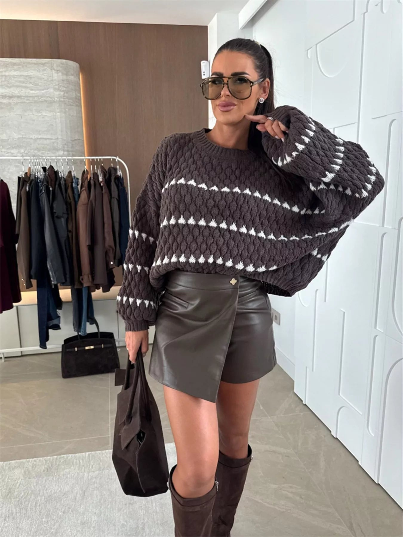 Chunky Knit Striped Sweater with Balloon Sleeves