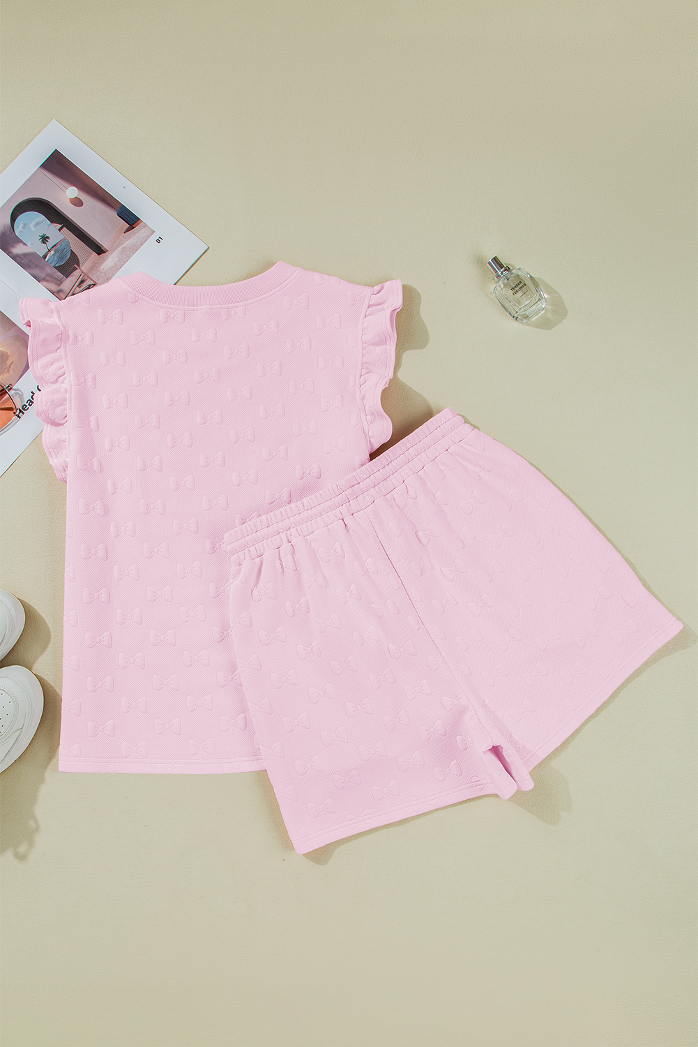 Ocean Bow Jacquard Ruffle Sleeve Short 2pcs Outfit