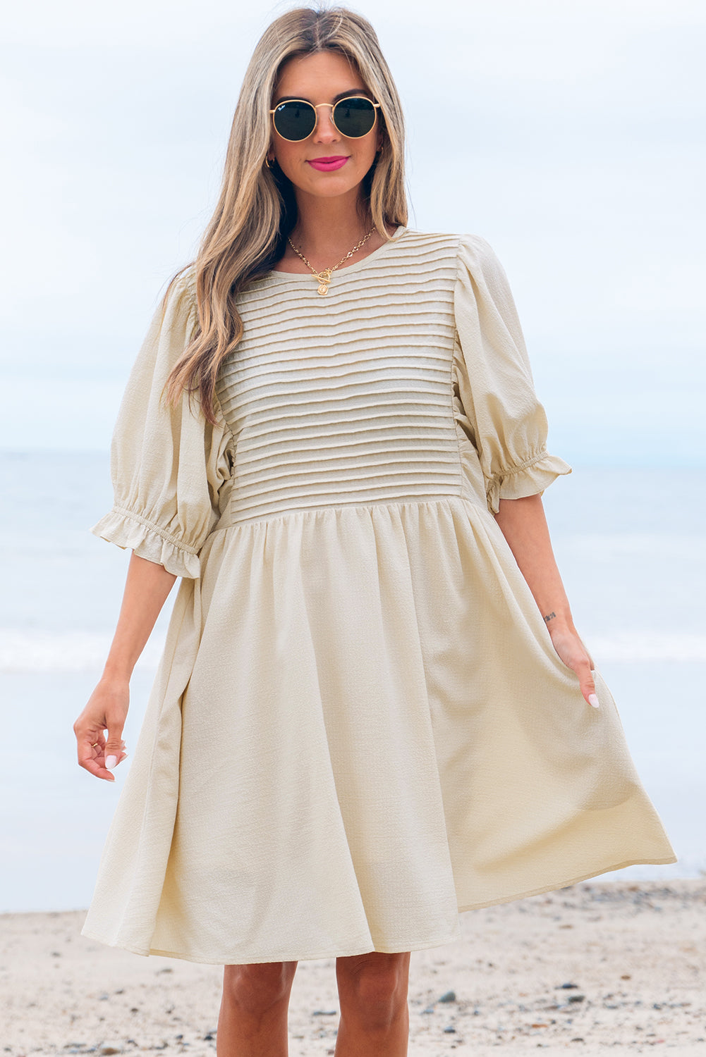 Dania Textured Ruffled Puff Sleeve Loose Dress