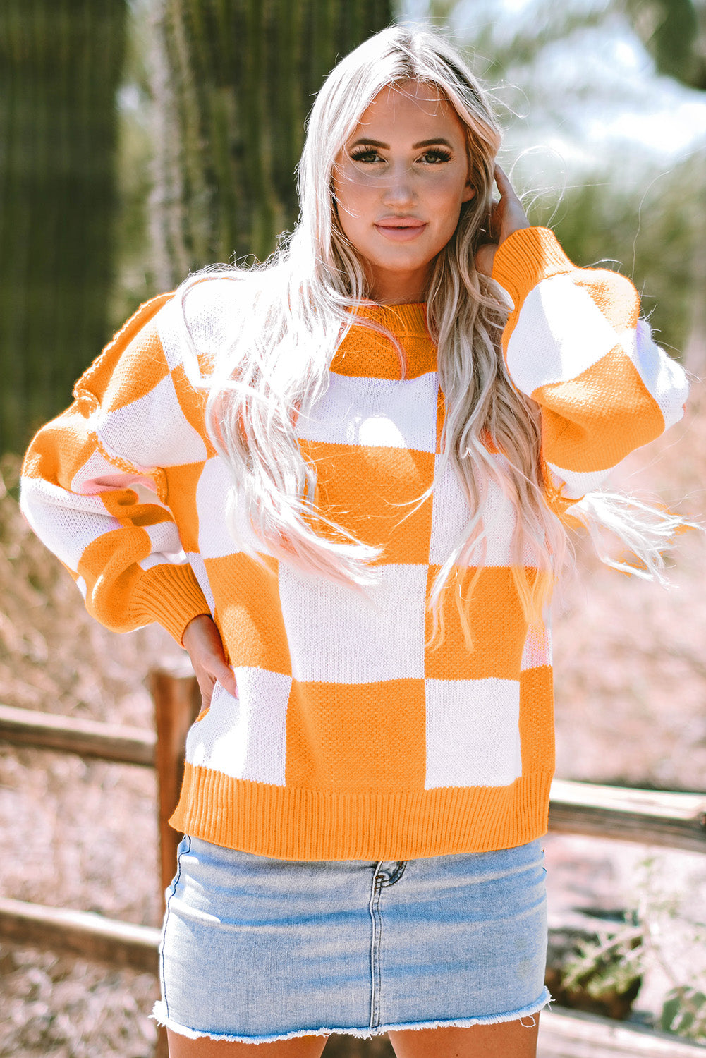 Ashley Checkered Bishop Sleeve Sweater