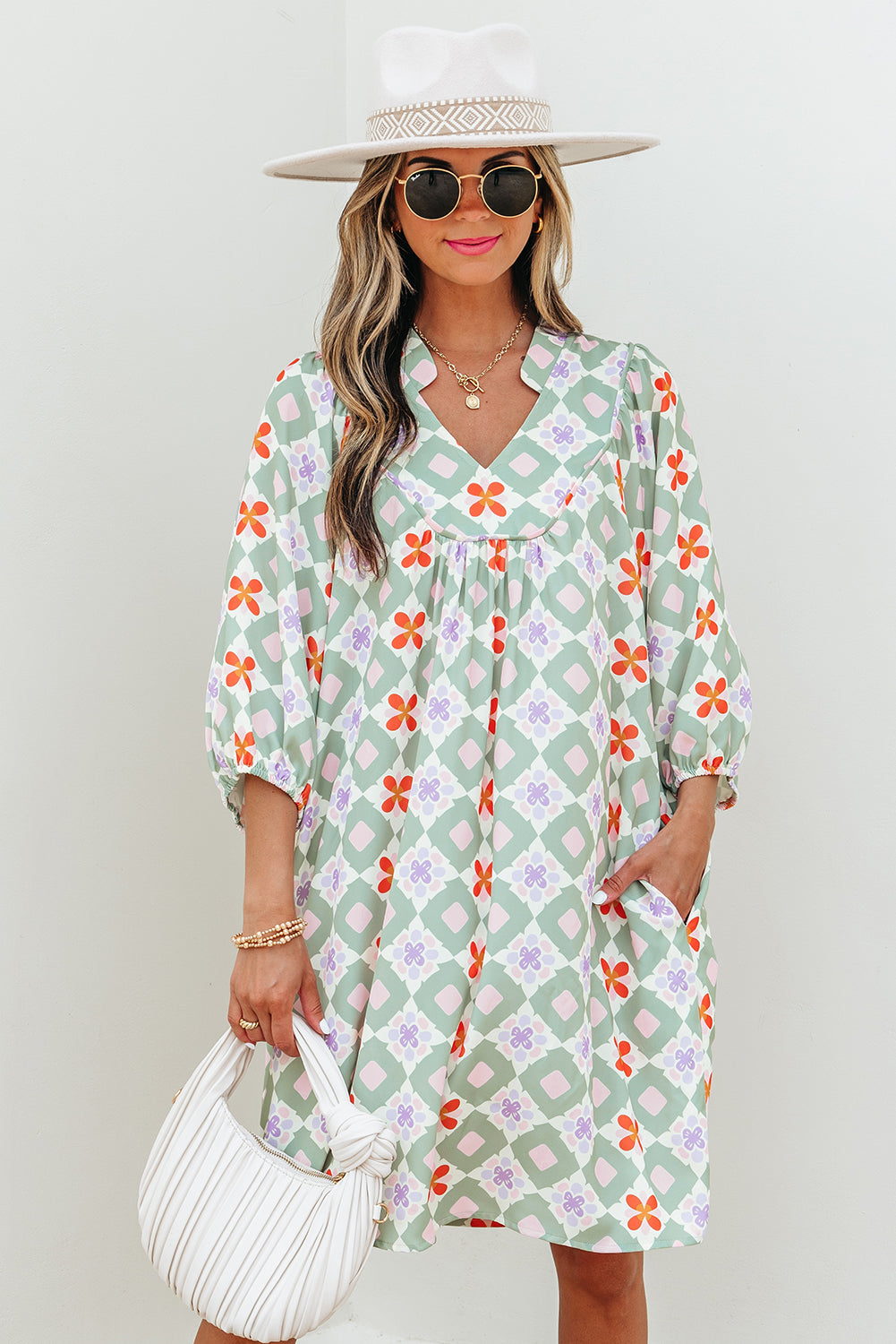 Reagan Floral Print 3/4 Sleeve Notched Neck Mini Dress