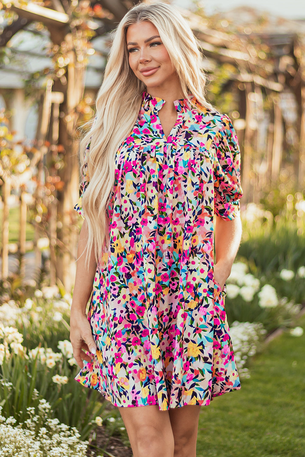 Hadlee Floral Puff Short Sleeve V Neck Mini Dress