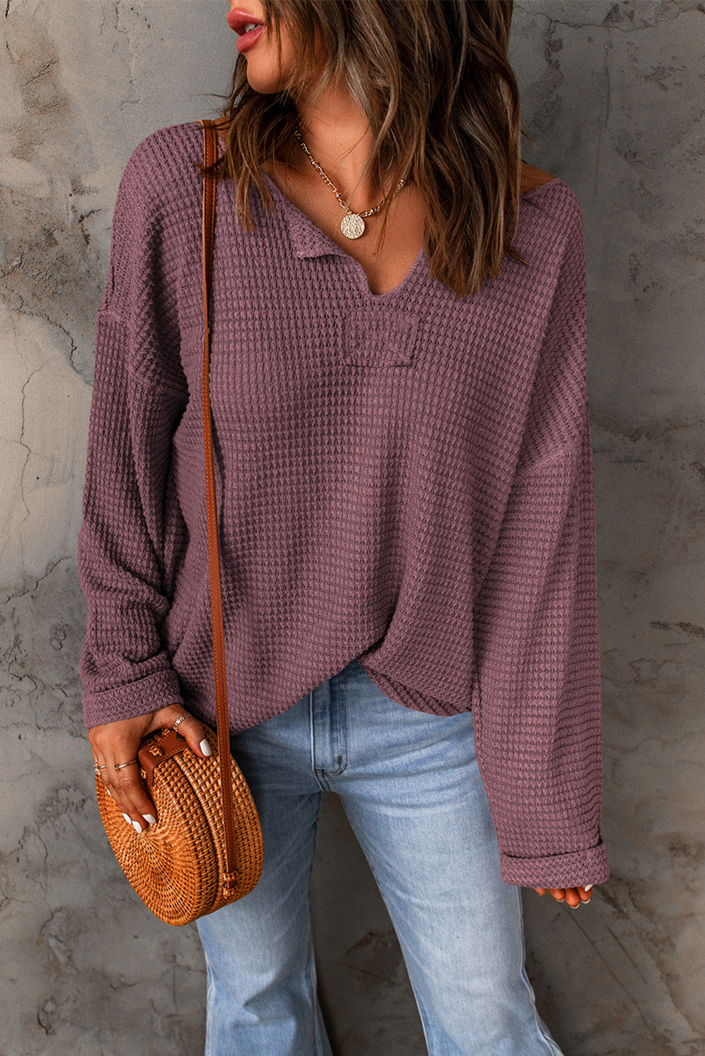 Evelyn Waffle Knit Loose Long Sleeve Top