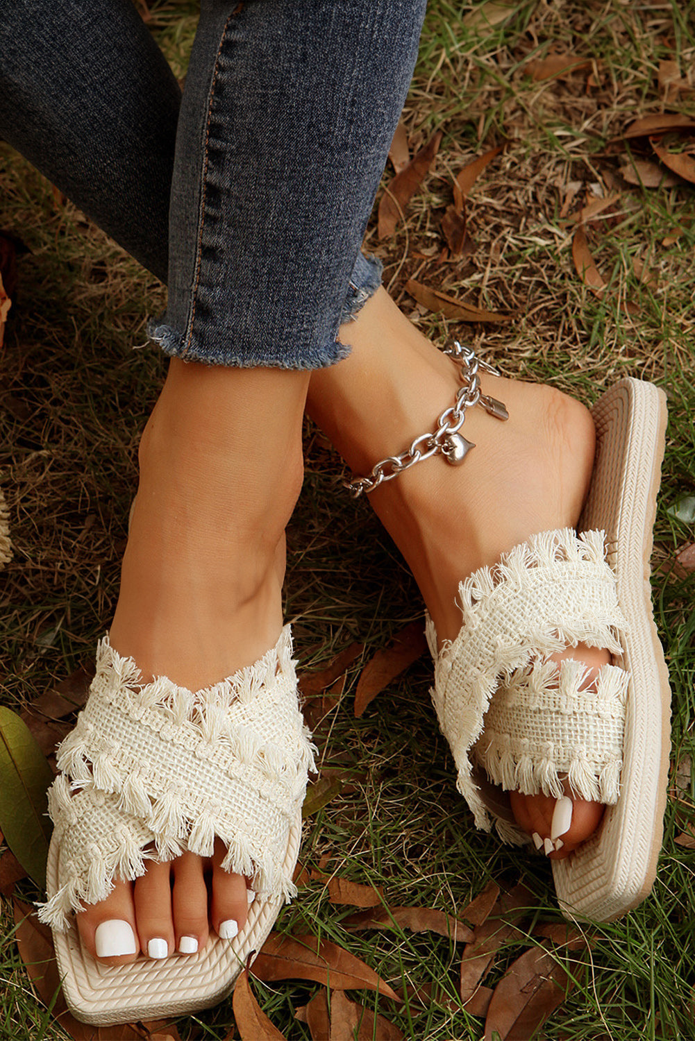 Vada Tassel Woven Crossed Straps Flat Slippers