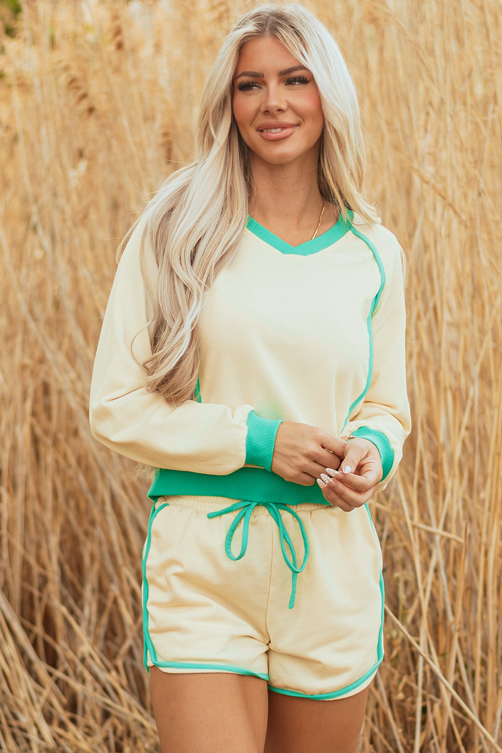 Wren Long Sleeve Pullover and Drawstring Shorts Outfit