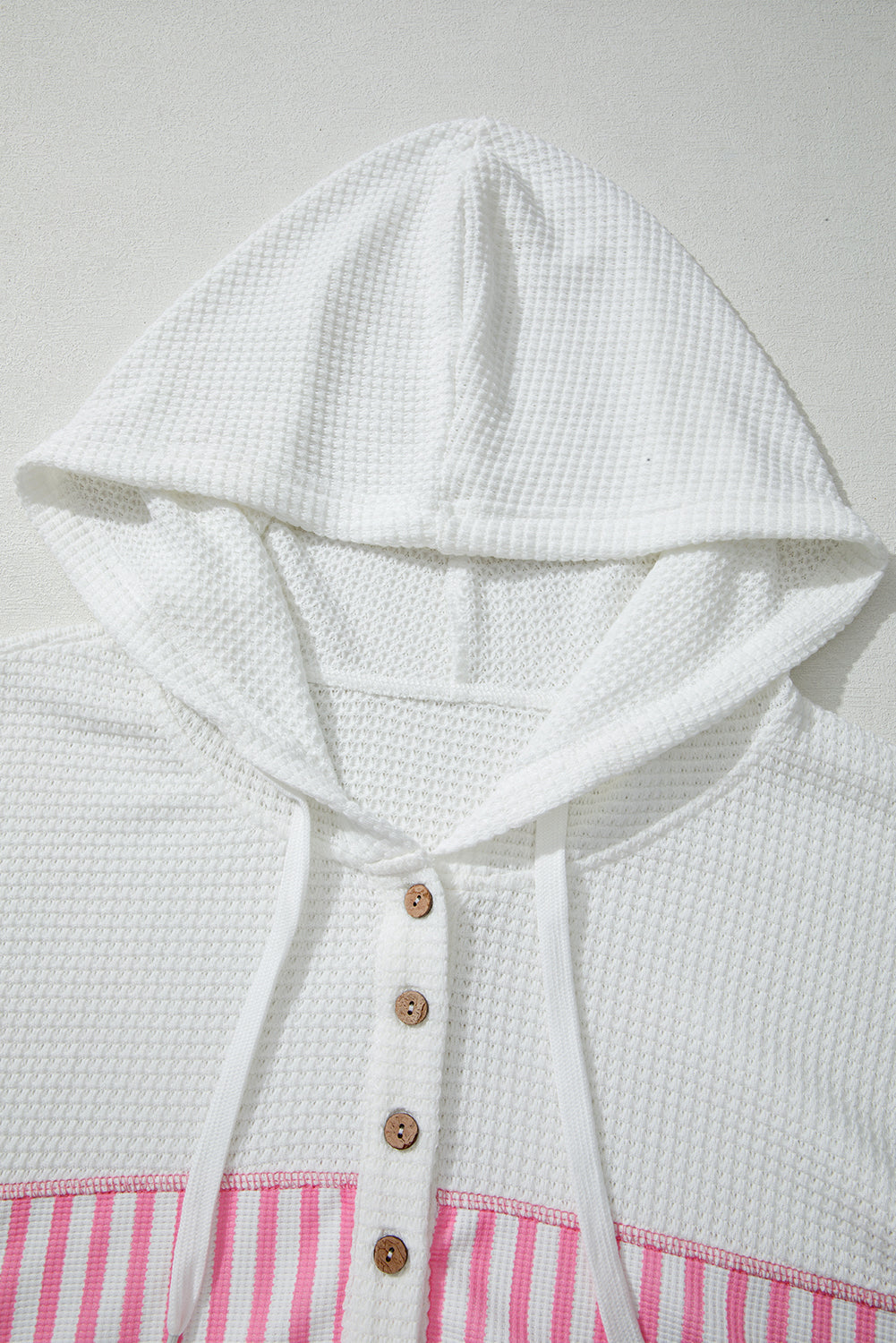 Pink Stripe Leopard Patchwork Waffle Knit Buttoned Plus Size Hoodie