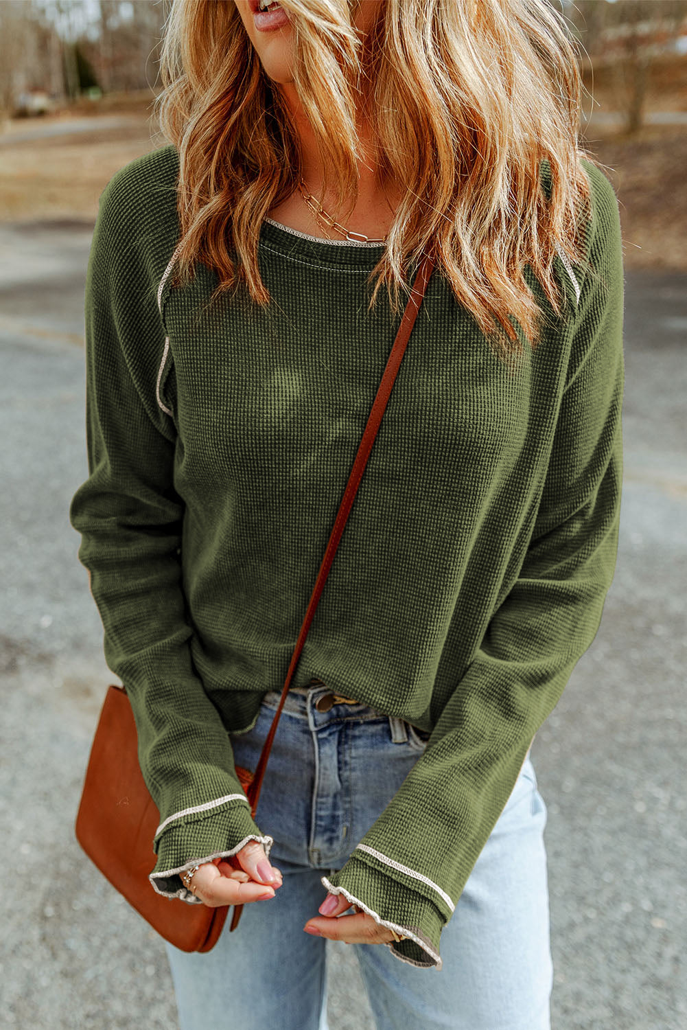 Daisy Textured Round Neck Long Sleeve Top
