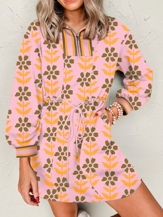 Printed Drawstring Waist Mini Dress