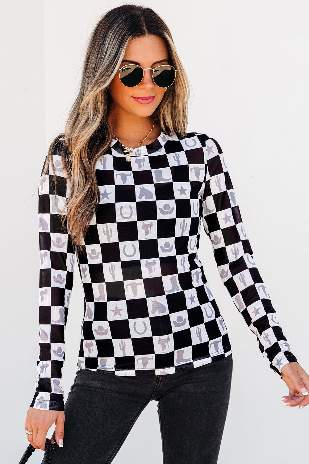 Rosalina Pattern Mesh Mock Long Sleeve Top