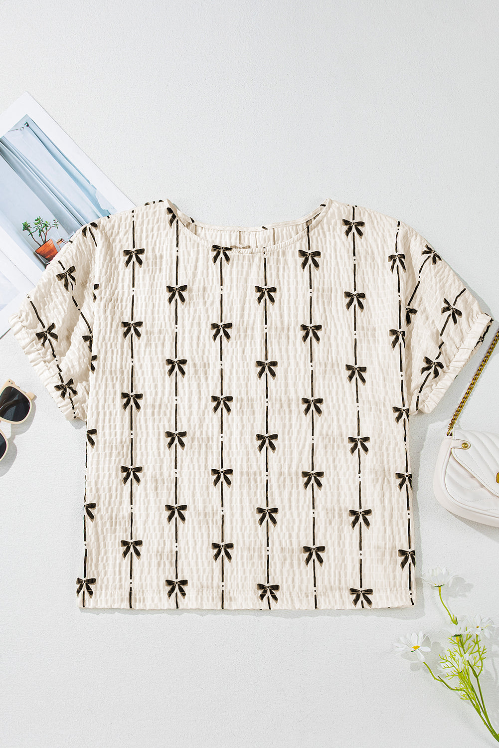 Aviana Bow Print Puff Short Sleeve Top