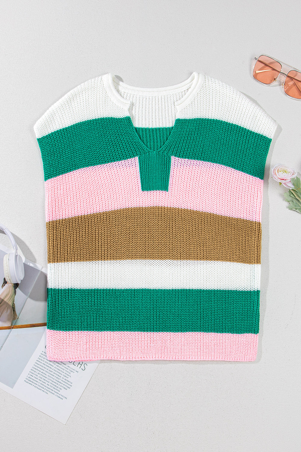 Elliot Color Block Notch V Neck Sweater Top