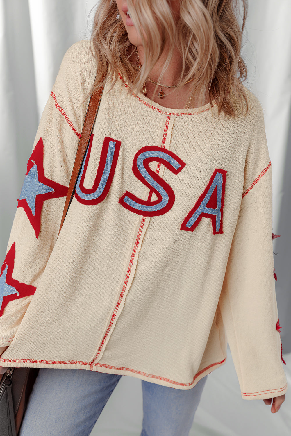 USA Patchwork Exposed Seam Long Sleeve Top