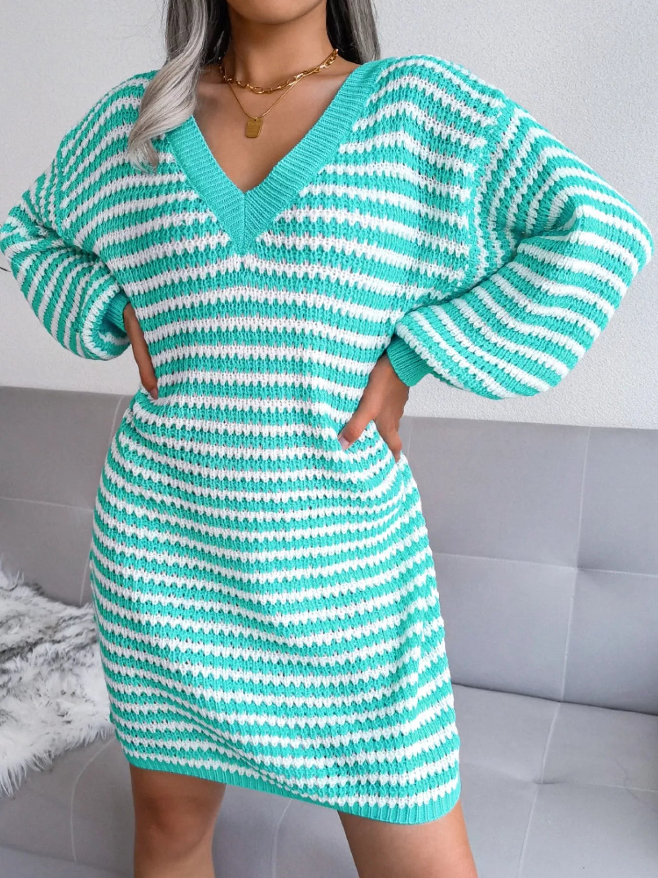 Striped V-Neck Long Sleeve Sweater Dress