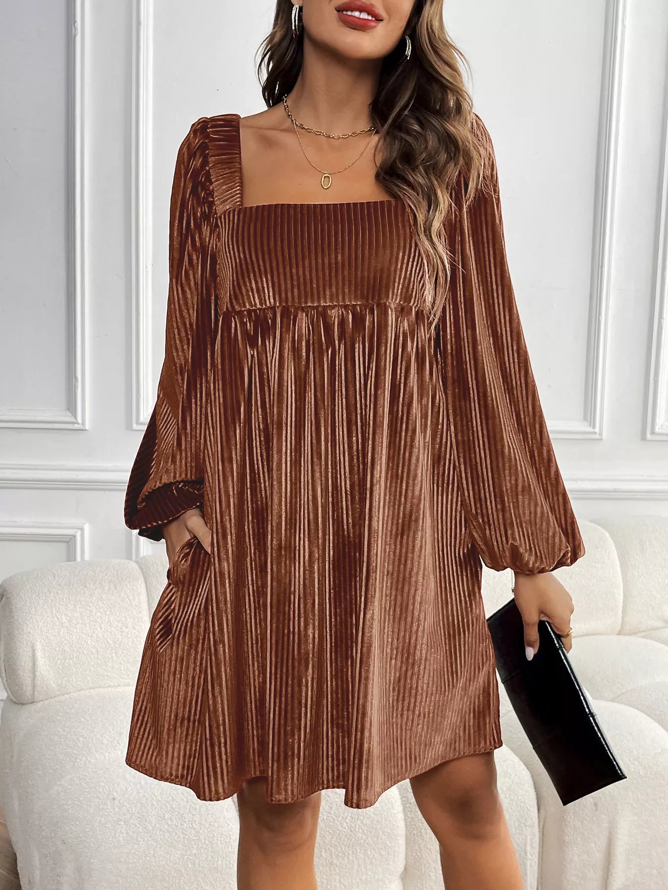 Velvet Square Neck Long Sleeve Dress