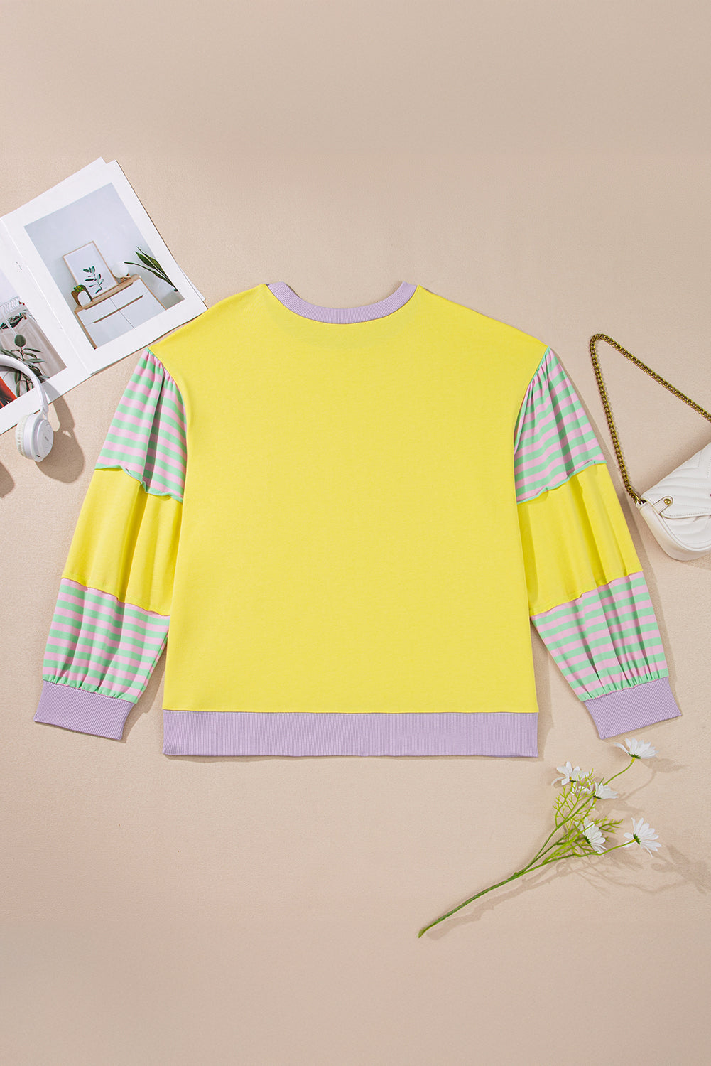 Yellow Striped Color Block Patchwork Crewneck Plus Size Pullover Sweatshirt