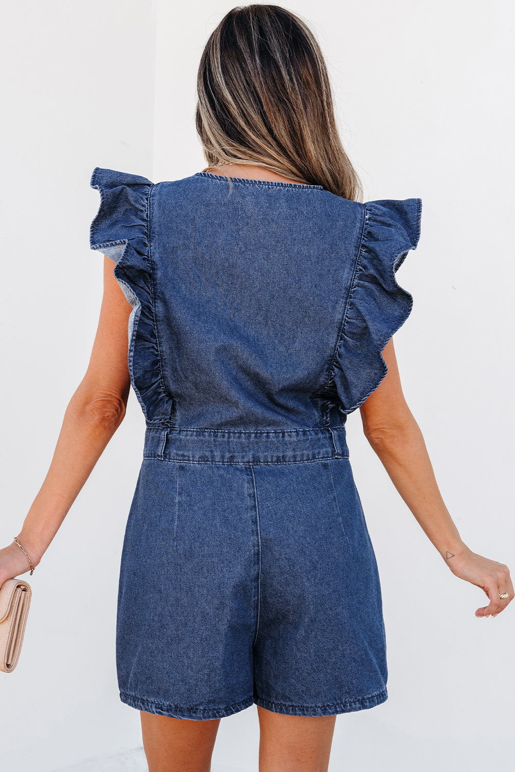 Amora Denim Ruffled Zipped Front Belted Romper