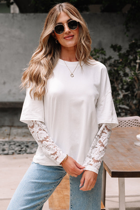 Hallie Lace Long Sleeve Insert Drop Shoulder Top