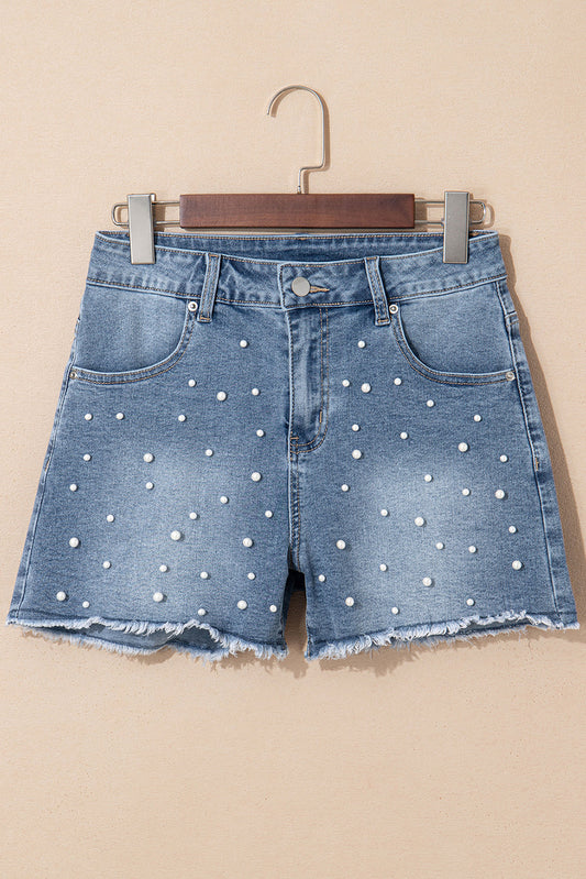 Amelie Pearl Beaded Raw Hem Medium Wash Denim Shorts