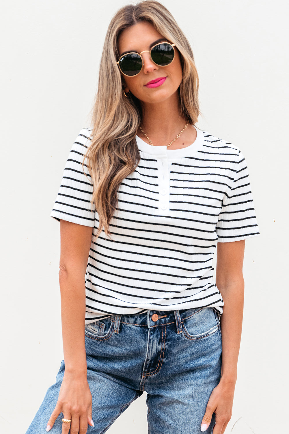 Marleigh Stripe Textured Buttoned Henley Top