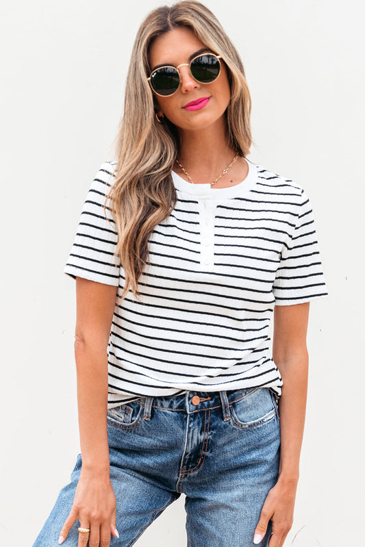 Marleigh Stripe Textured Buttoned Henley Top