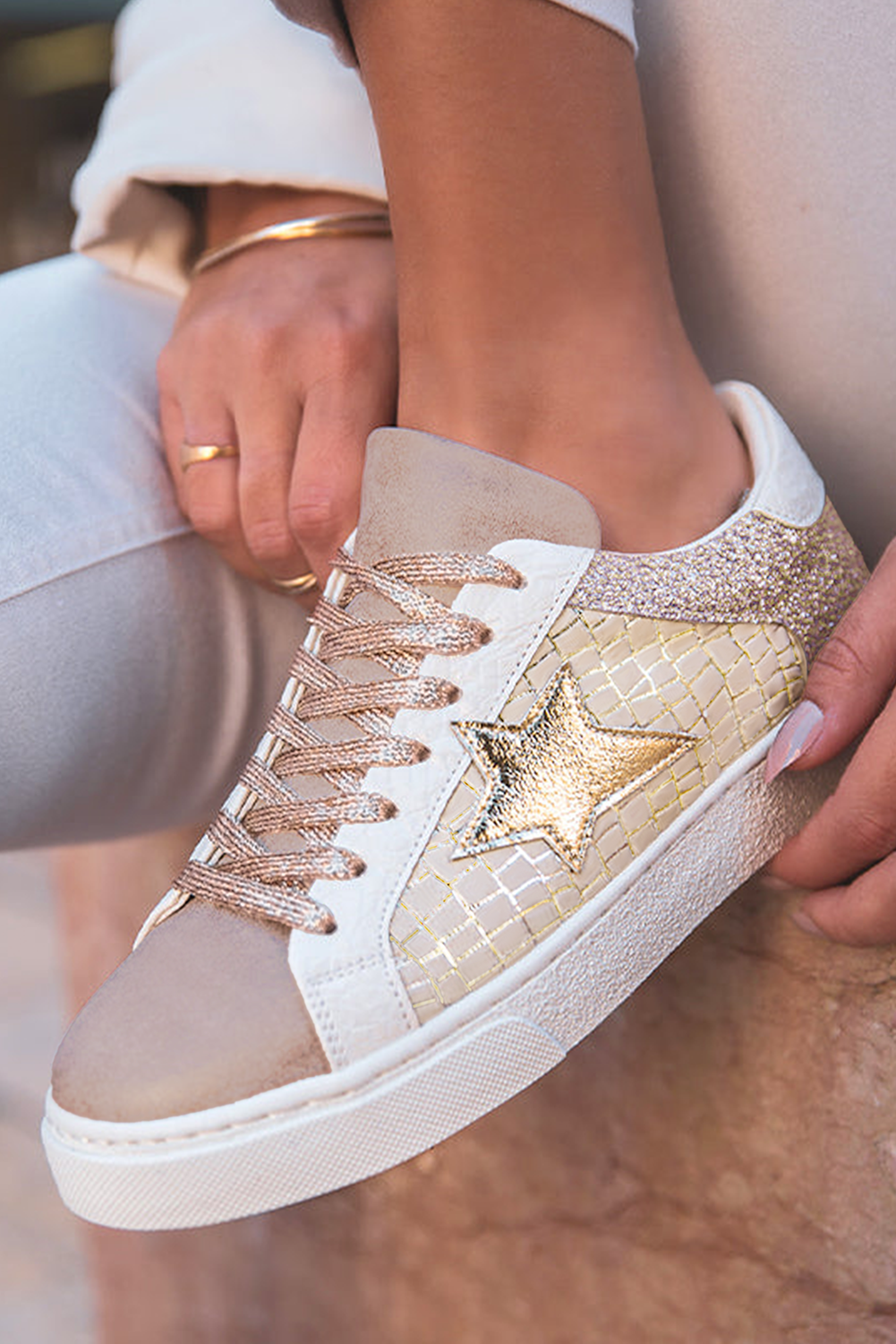 Clare Gold Glitter Star Lace-up Sneakers