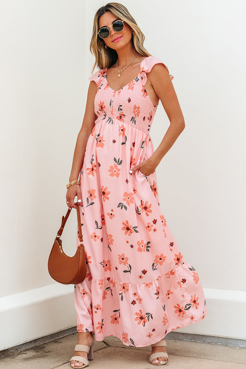Clare Floral High Waist Ruffle Hem Long Dress