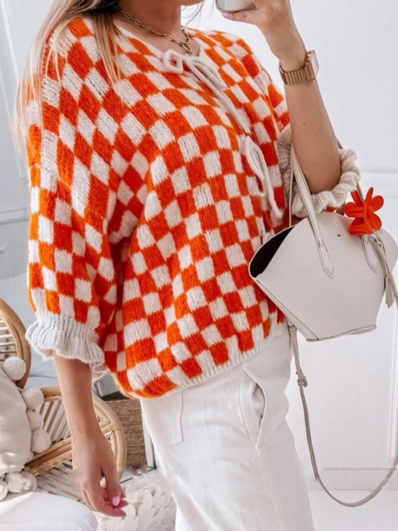 Checkered Tie-Front Knit Cardigan