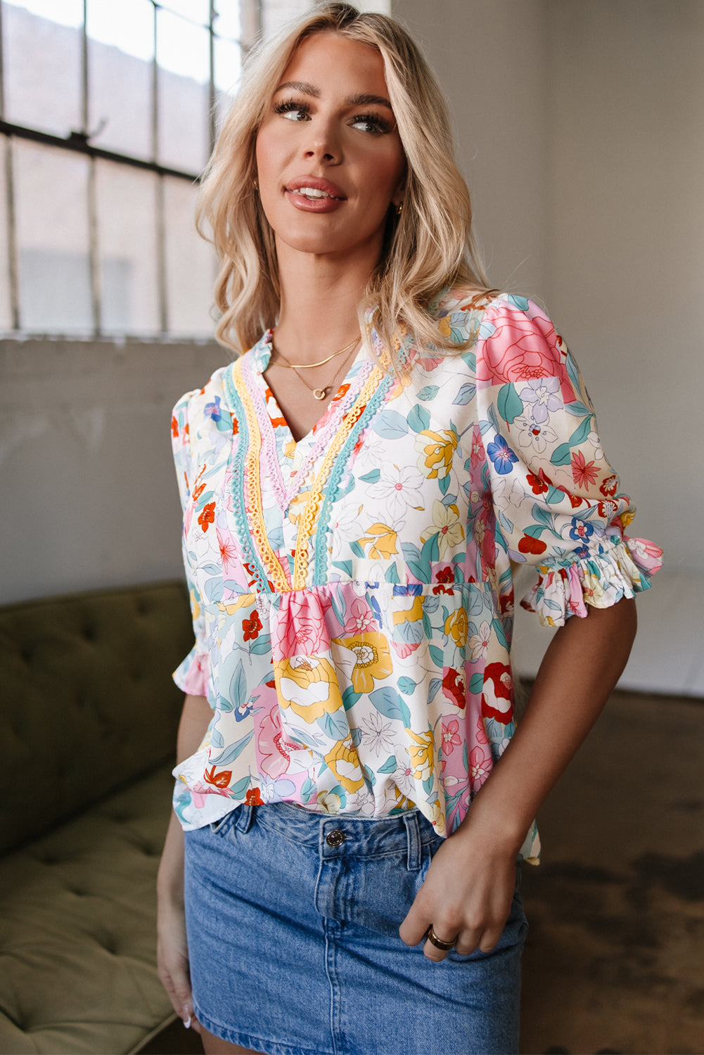 Solana Boho Flower Half Puff Sleeve Blouse
